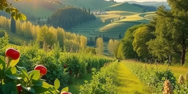 A vibrant landscape displaying lush gardens with assorted vegetables and fruits.