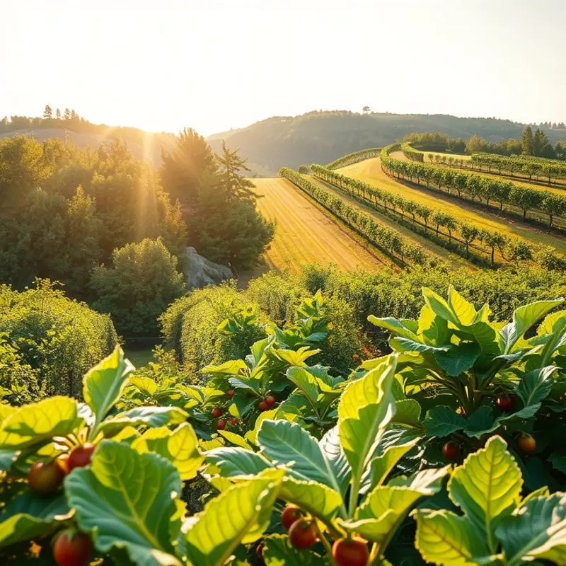 A vibrant sunlit orchard abundant with fresh organic produce.