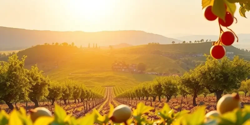 A serene field showcasing nature's bounty with vibrant vegetables and fruits.