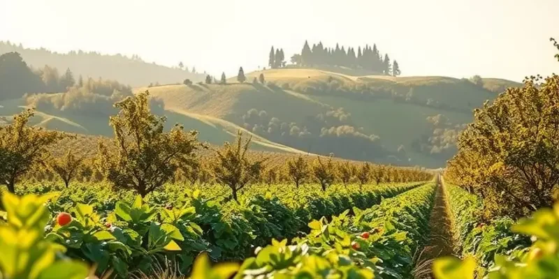 A stunning sunlit landscape filled with various organic vegetables and healthy produce.