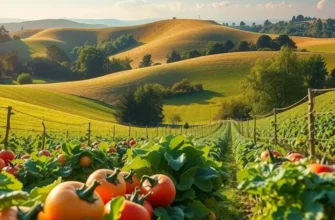 A picturesque landscape showcasing a variety of fresh fruits and vegetables in a natural setting.