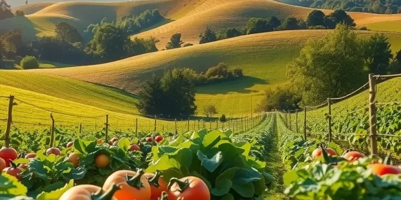 A picturesque landscape showcasing a variety of fresh fruits and vegetables in a natural setting.