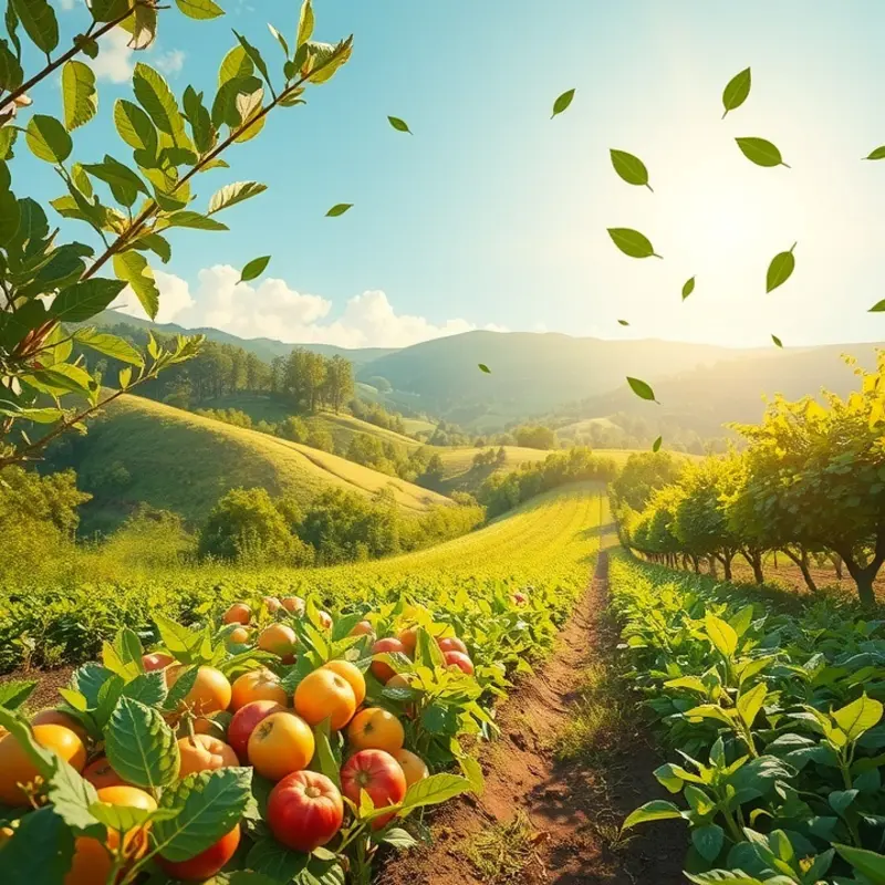 A vibrant sunlit garden showcasing the abundance of vegetables and fruits.