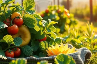 A scenic view of lush greenery with organic fruits and vegetables flourishing in the sunlight, representing healthy nutrition.