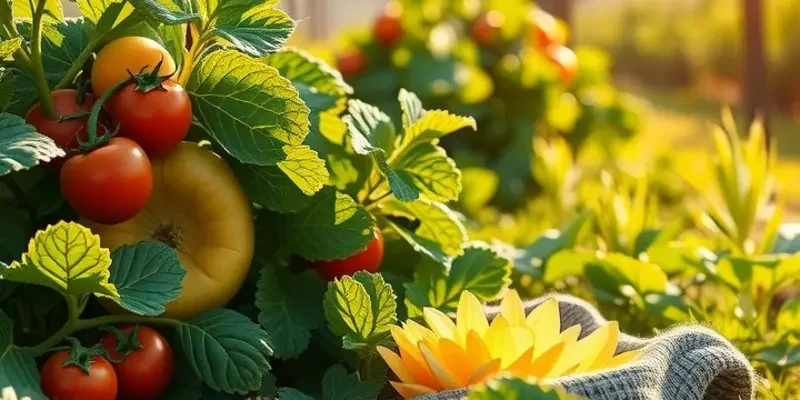 A scenic view of lush greenery with organic fruits and vegetables flourishing in the sunlight, representing healthy nutrition.