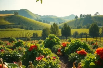 A scenic view of an orchard with lush green plants and colorful fruits