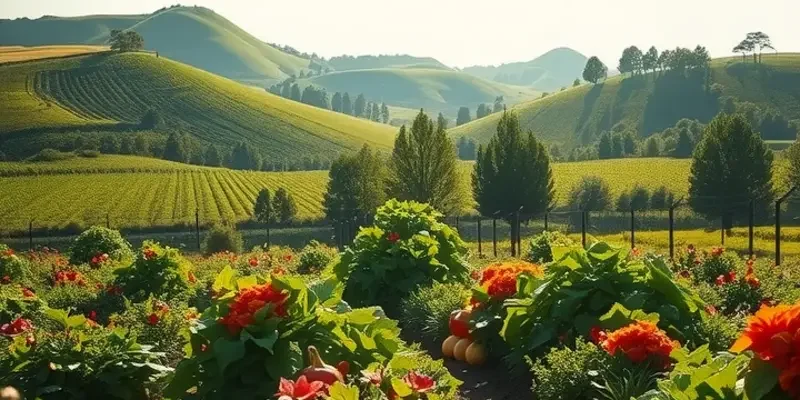 A scenic view of an orchard with lush green plants and colorful fruits