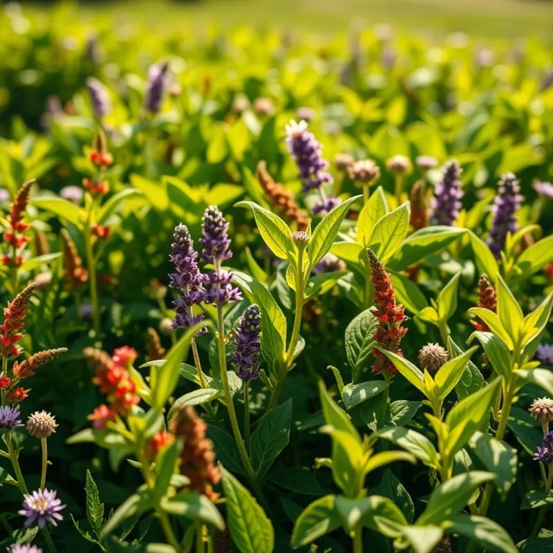 A sunlit garden showcasing fresh herbs and spices.