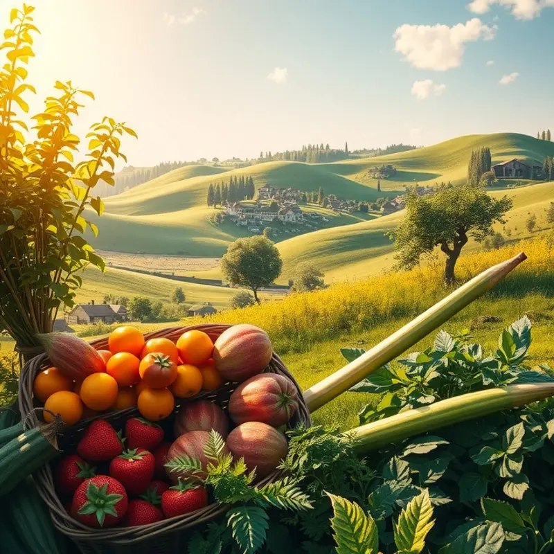 A sunlit landscape showcasing a field filled with vibrant vegetables and fruits.