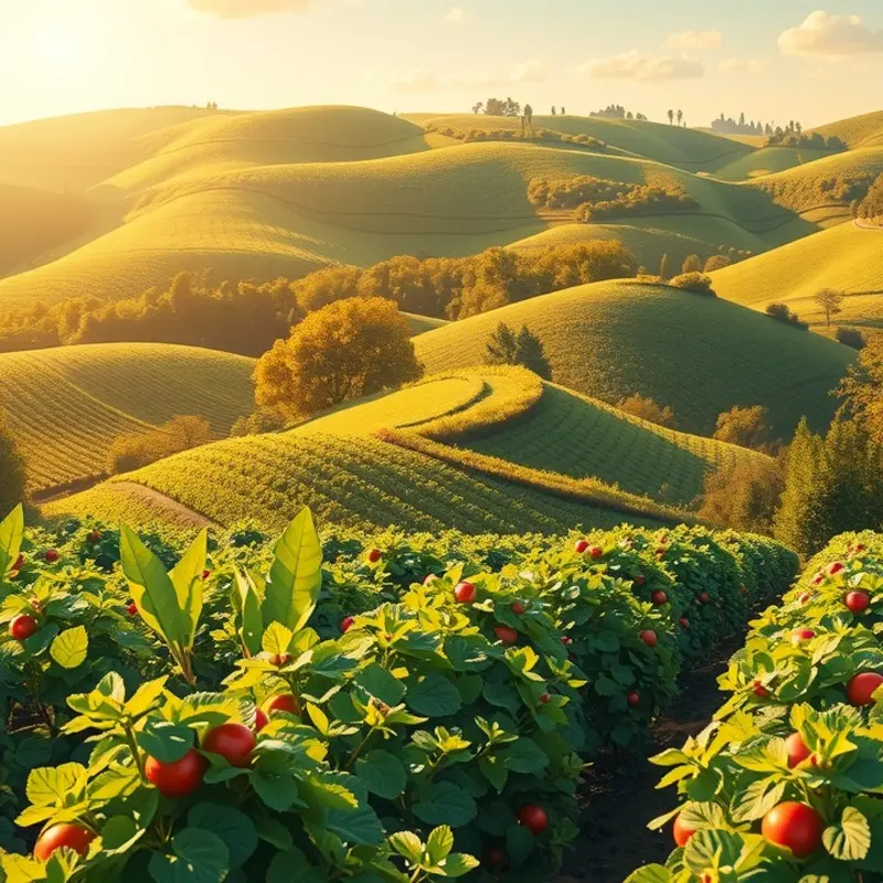 A serene sunlit orchard bursting with organic fruits and vegetables.