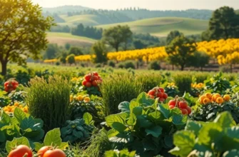 A beautiful field filled with vibrant fruits and vegetables under a clear sky.