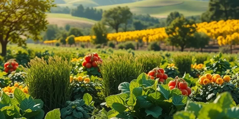 A beautiful field filled with vibrant fruits and vegetables under a clear sky.