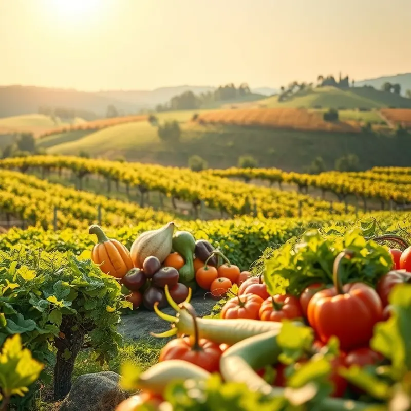 A serene landscape filled with vibrant fruits and vegetables promoting the idea of natural hydration.