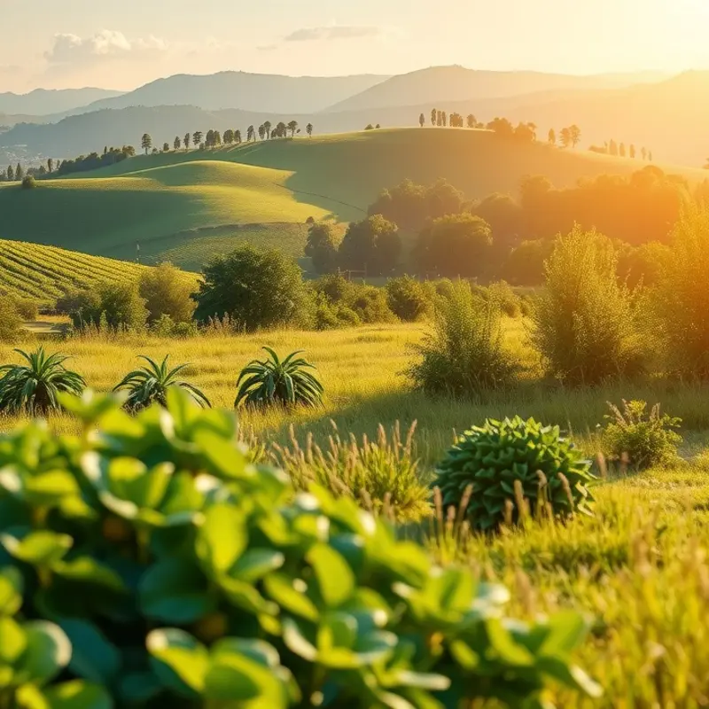 A serene landscape filled with vibrant fruits and vegetables promoting the idea of natural hydration.
