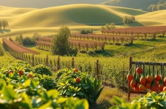A peaceful, vibrant orchard filled with fresh produce in natural sunlight.