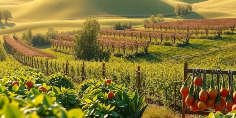 A peaceful, vibrant orchard filled with fresh produce in natural sunlight.