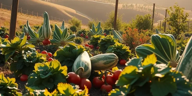 A rich landscape depicting vibrant fruits and vegetables growing in a sunlit field, symbolizing the connection to indigenous culinary practices.