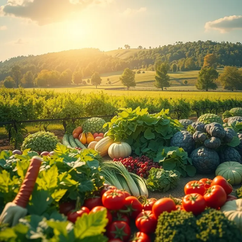 A sunlit landscape featuring vibrant vegetables and fruits, showcasing the essence of Indonesian agriculture.