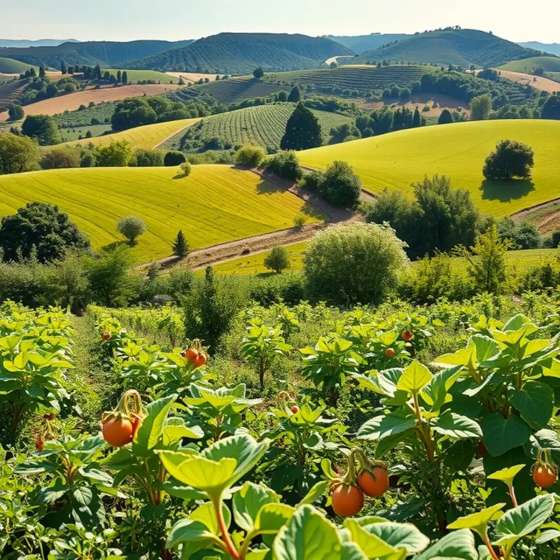 A sunlit landscape featuring vibrant vegetables and fruits, showcasing the essence of Indonesian agriculture.