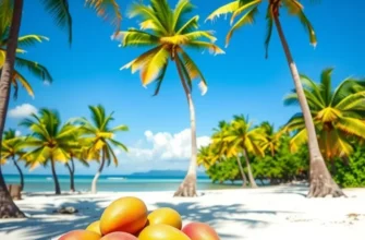 A photorealistic landscape of a sunlit orchard with vibrant vegetables and fruits among lush greenery.