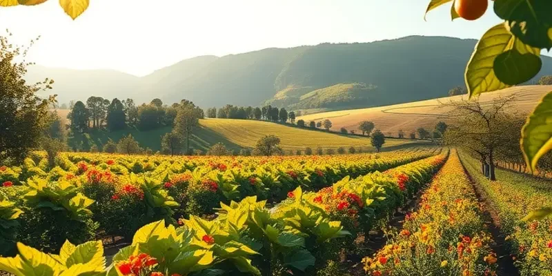 A stunning landscape highlighting a variety of organic vegetables and fruits growing naturally.
