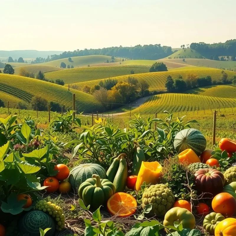 A sunlit field rich in vibrant greens and organic produce.