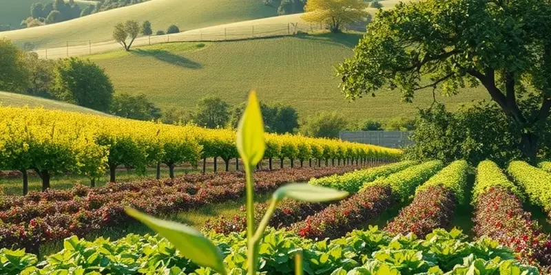 A lush landscape showcasing vibrant organic vegetables and fruits.
