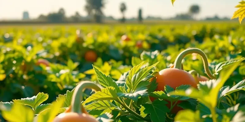 Photorealistic landscape filled with vibrant vegetables and fruits under soft, warm lighting.