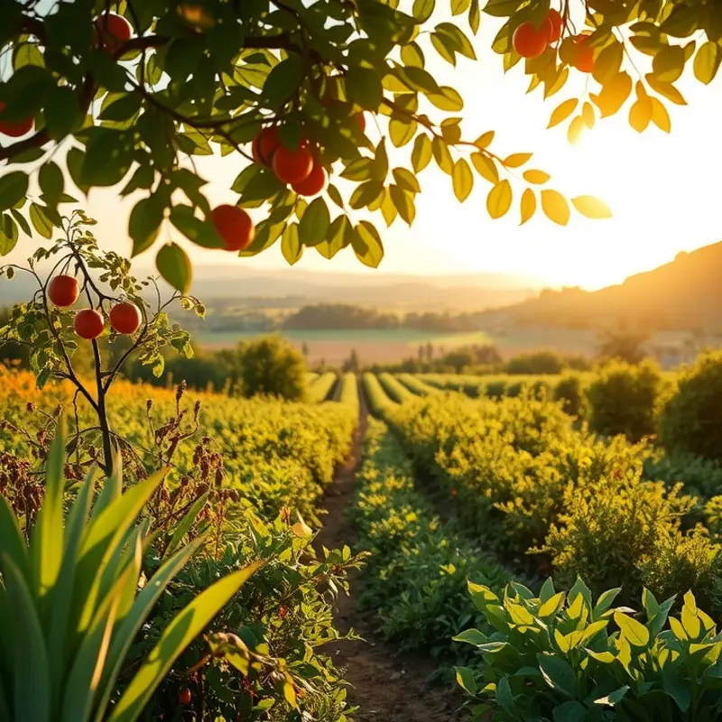 A vibrant sunlit orchard showcasing fresh produce, emphasizing the principles of healthy, organic nutrition.
