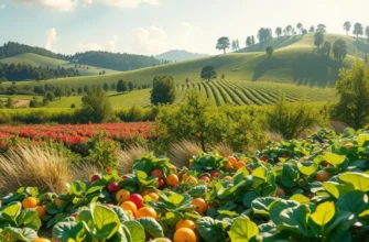 A tranquil sunlit landscape filled with lush fruits and vegetables in a natural setting.