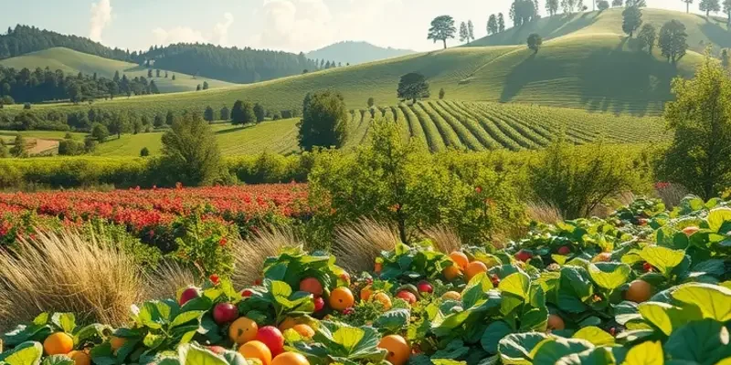 A tranquil sunlit landscape filled with lush fruits and vegetables in a natural setting.