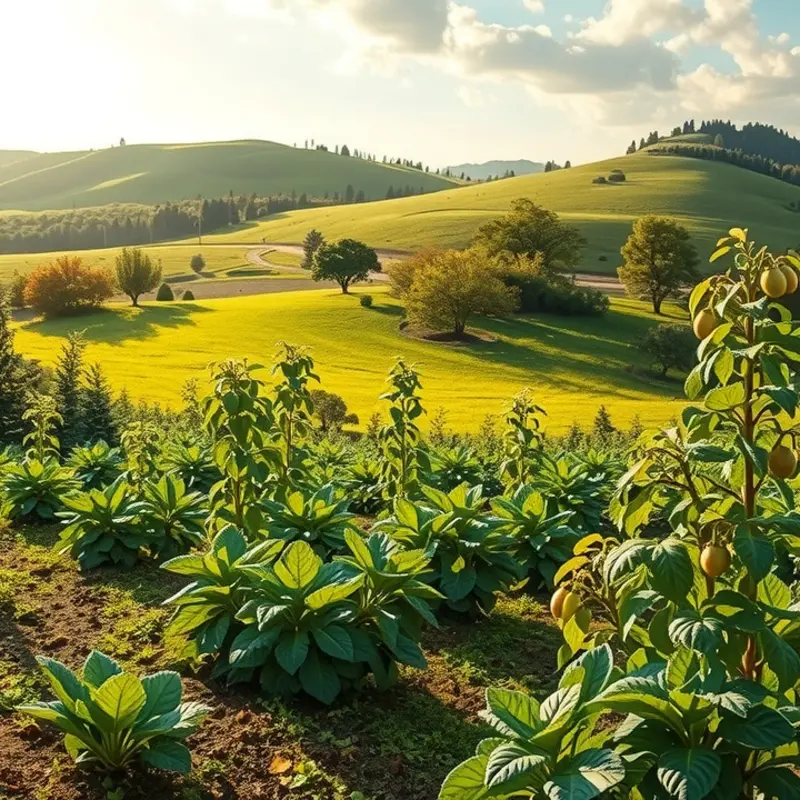 A vibrant sunlit field showcasing organic fruits and vegetables.