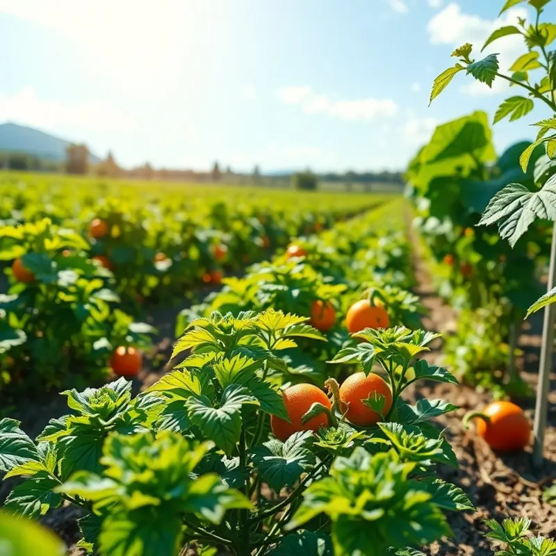 A sunlit field showcasing vibrant vegetables and fruits used in pizza making.