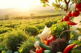 A peaceful garden filled with ripe vegetables and fruits under sunlight.