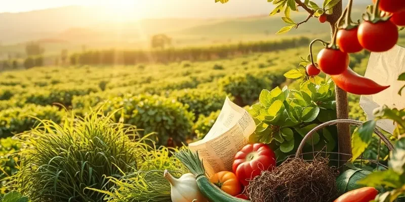 A peaceful garden filled with ripe vegetables and fruits under sunlight.