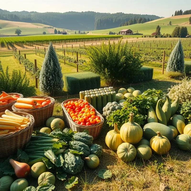 A sunlit field showcasing vibrant fruits and vegetables.