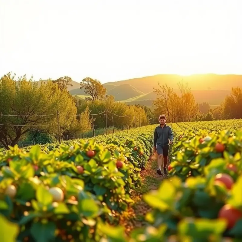 A peaceful sunlit field overflowing with healthy vegetables and fruits.