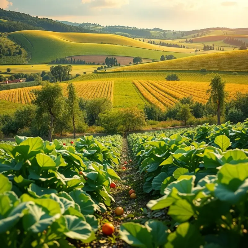 A sunlit orchard filled with vibrant fruits and vegetables, symbolizing the freshness of mindful eating.