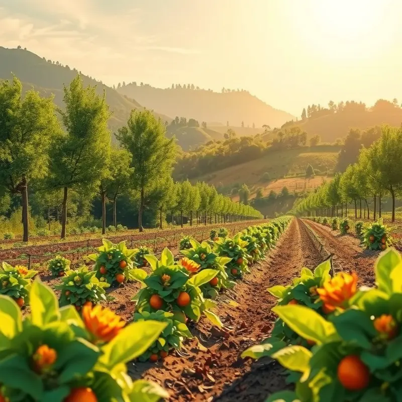 A vibrant sunlit field showcasing the abundance of organic fruits and vegetables.