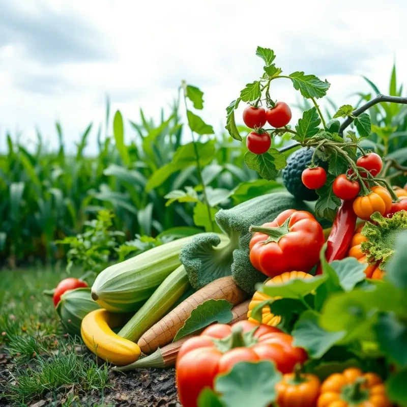 A vibrant display of fresh vegetables and fruits growing naturally in a sunlit orchard.