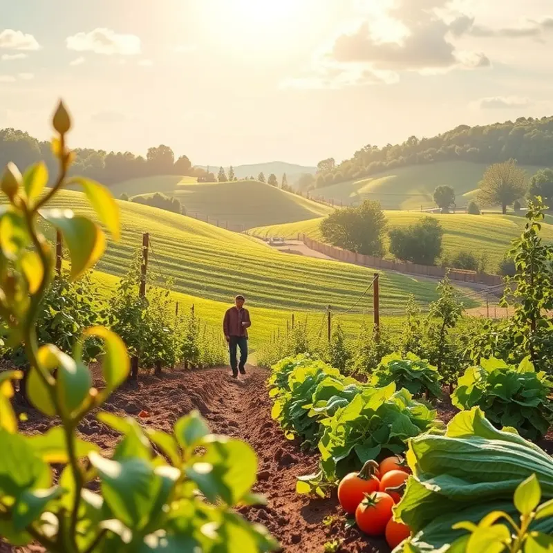 A sunlit field showcasing vibrant vegetables and fruits, representing the abundance of organic produce.