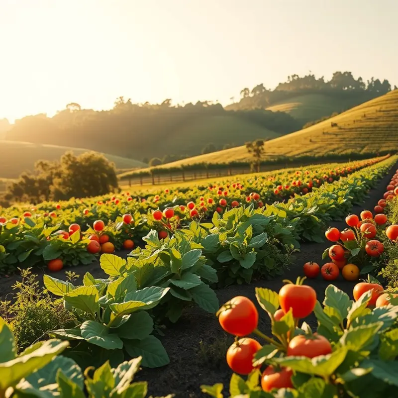 A scenic view of a sunlit field filled with vibrant, organic produce.