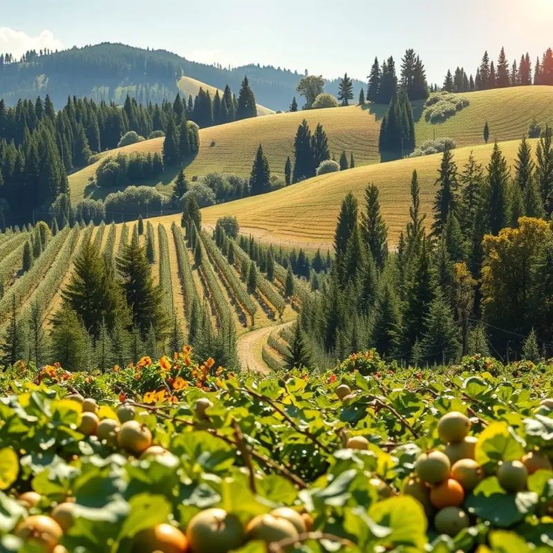 A sunlit field with vibrant fruits and vegetables representing natural abundance.