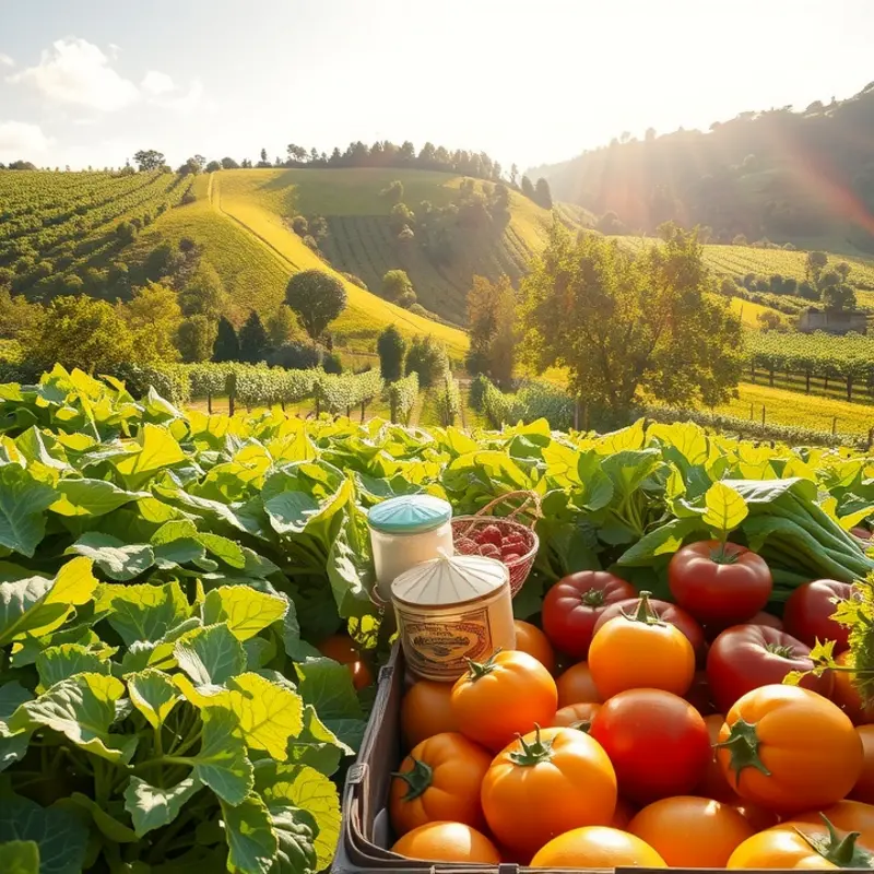 A vibrant orchard full of fresh, organic fruits and vegetables under the warm sun.