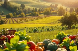 A scenic view of a lush, sunlit orchard with an assortment of fruits and vegetables.