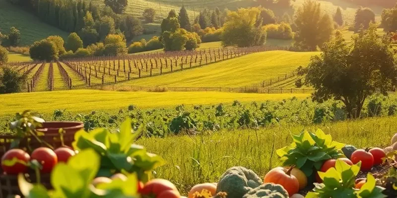 A scenic view of a lush, sunlit orchard with an assortment of fruits and vegetables.