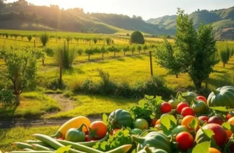 A beautiful sunlit landscape filled with vibrant vegetables and fruits, representing healthy nutrition.