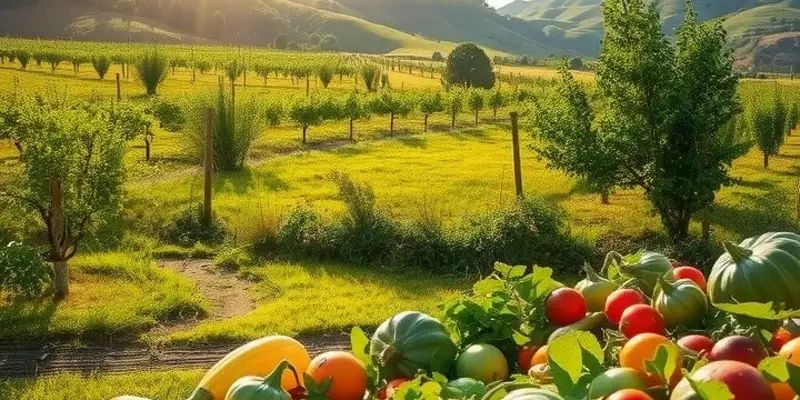 A beautiful sunlit landscape filled with vibrant vegetables and fruits, representing healthy nutrition.