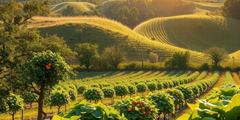 A beautiful sunlit orchard filled with vibrant fruits and vegetables, representing health.