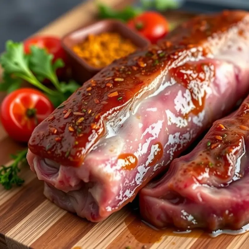Marinated meat resting on a cutting board, ready for cooking.